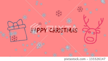 Showing handdrawn HAPPY CHRISTMAS text on coral pink card, with snowflake, gift doodle and reindeer Showing handdrawn HAPPY CHRISTMAS text on coral pink card, with snowflake, gift doodle and reindeer 133326147