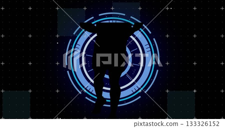 Running silhouette wearing shorts in white plus grid simulation with blue HUD and teal squares Running silhouette wearing shorts in white plus grid simulation with blue HUD and teal squares 133326152