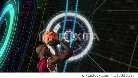 Basketball player in red white jersey shooting in virtual court with orange basketball, copy space Basketball player in red white jersey shooting in virtual court with orange basketball, copy space 133326153