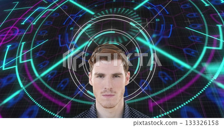 Interacting fair male wearing navy shirt exploring digital grid, glowing HUD rings and radial lines 133326158