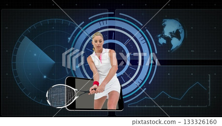 Swinging tennis player in polo dress hitting backhand shot in virtual tech arena with smartphone Swinging tennis player in polo dress hitting backhand shot in virtual tech arena with smartphone 133326160