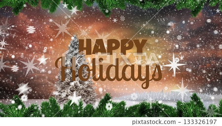 Showing winter holiday greeting, frosted pine tree on snow with gold HAPPY text script Holidays Showing winter holiday greeting, frosted pine tree on snow with gold HAPPY text script Holidays 133326197