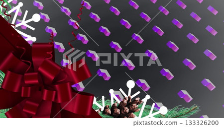 Red ribbon bow sitting on pine sprigs, pinecone in grey backdrop, snowflakes, 3D blocks, copy space Red ribbon bow sitting on pine sprigs, pinecone in grey backdrop, snowflakes, 3D blocks, copy space 133326200