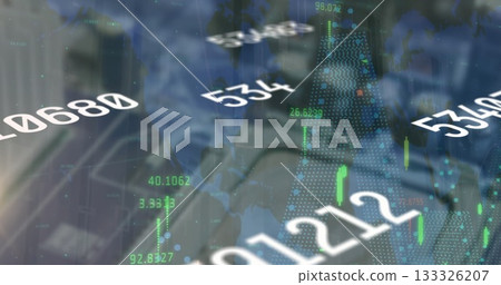 Displaying overlays at office desk, with digital numeric tickers, candlestick bars and grid overlay Displaying overlays at office desk, with digital numeric tickers, candlestick bars and grid overlay 133326207