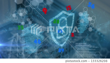 Displaying holographic shield with padlock over office desk with fingerprint scans and network grid 133326208