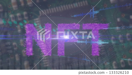 Floating purple NFT letters over blurred circuit board, with binary code, waveforms, lens flare 133326210