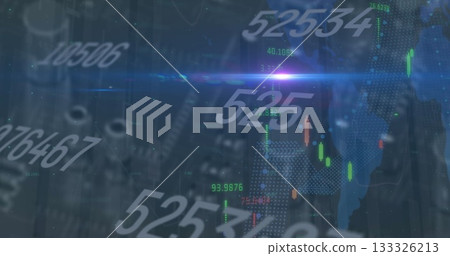 Floating data overlays over circuit board, with numeric data, chart bars, world map and lens flare 133326213