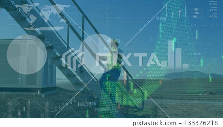 Climbing technician wearing helmet and vest on stairs beside equipment unit, with digital overlay 133326218