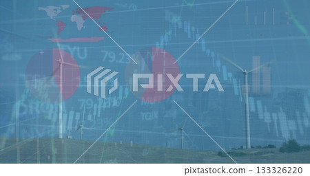 Wind turbine turning blades in wind farm, with candlestick, line and pie charts, world map overlay Wind turbine turning blades in wind farm, with candlestick, line and pie charts, world map overlay 133326220