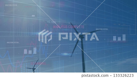 Displaying wind turbine rotating at wind farm under clear sky, with digital graphs and text overlay 133326223