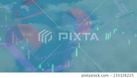 Displaying financial dashboard on teal cloud backdrop, with candlestick bars and dotted trend lines 133326225