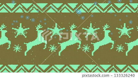 Displaying pixel-art pattern with mint-green reindeer, snowflake, star motifs, triangle borders 133326240