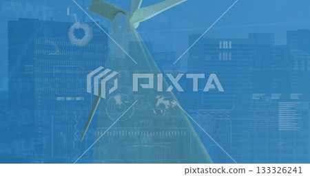 Wind turbine rotor and blade rotating on city rooftop, with HUD-style digital data overlays 133326241