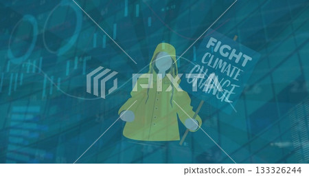 Faceless figure wearing yellow raincoat holding protest sign on digital grid, with data overlays 133326244