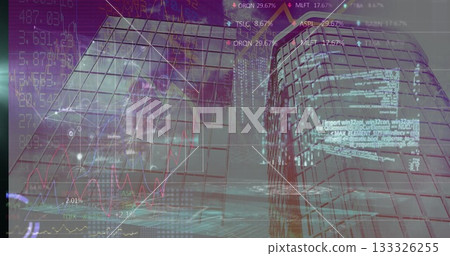 Glass skyscrapers reflecting neon financial charts in city center at dusk, with code overlays Glass skyscrapers reflecting neon financial charts in city center at dusk, with code overlays 133326255
