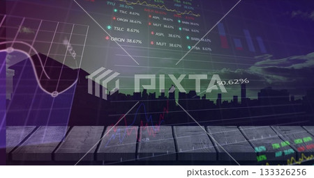Displaying silhouetted city skyline overlaying line and bar charts on rooftop deck with tickers Displaying silhouetted city skyline overlaying line and bar charts on rooftop deck with tickers 133326256