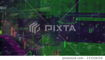 Projecting stock candlestick charts numeric labels and trend lines over office desks and monitors 133326258