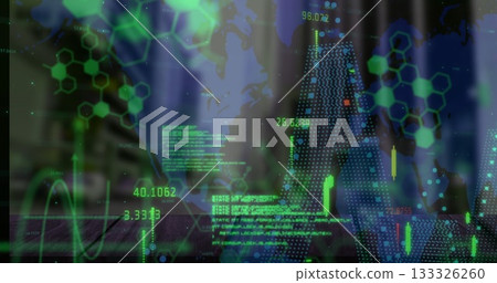 Displaying world map and network on office desk, with floating numerical data and candlestick chart Displaying world map and network on office desk, with floating numerical data and candlestick chart 133326260