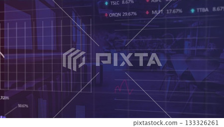 Overlaying financial grid and colored line graphs and tickers across restaurant dining with tables Overlaying financial grid and colored line graphs and tickers across restaurant dining with tables 133326261