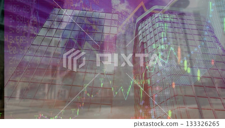 Displaying two glass towers being overlaid with candlestick graphs at city center with trend arrows 133326265