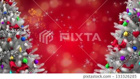 Framing silver fir branches on red scene with baubles, bows, string lights, snowflakes, copy space Framing silver fir branches on red scene with baubles, bows, string lights, snowflakes, copy space 133326285