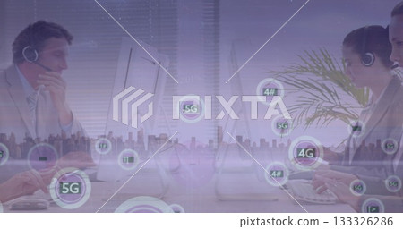 Answering four agents providing call support at office with monitors, headsets and network icons Answering four agents providing call support at office with monitors, headsets and network icons 133326286