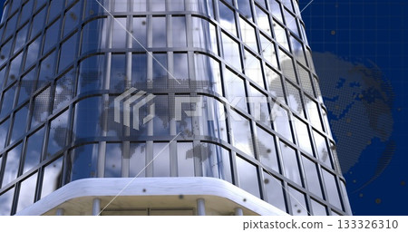 Showing reflective glass facade dotted world map, metal beams, blue grid, globe outline outside 133326310