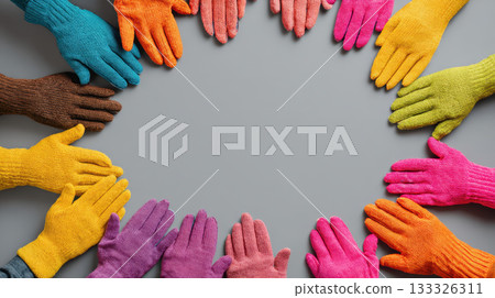 Colorful gloves, diverse hands, teamwork, unity, cooperation, gray background, cheerful mood 133326311