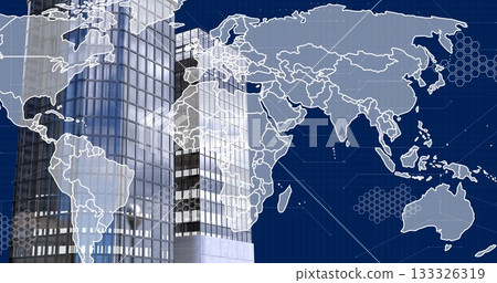 Showing two glass skyscrapers on dark blue grid background, with world map and circuit hexagons Showing two glass skyscrapers on dark blue grid background, with world map and circuit hexagons 133326319