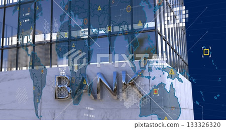 Showing metallic letters spelling BANK on bank marble facade with glass panels, global data overlay 133326320