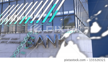 Displaying BANK sign on marble-glass facade, featuring holographic bar chart, data nodes, code Displaying BANK sign on marble-glass facade, featuring holographic bar chart, data nodes, code 133326321