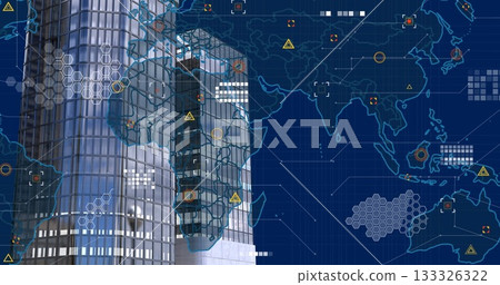 Displaying pair of glass skyscraper towers rising on digital grid world map overlay, copy space Displaying pair of glass skyscraper towers rising on digital grid world map overlay, copy space 133326322