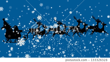Gliding eight reindeer pulling scrollwork sleigh with Christmas tree in night sky, with snowflakes Gliding eight reindeer pulling scrollwork sleigh with Christmas tree in night sky, with snowflakes 133326328