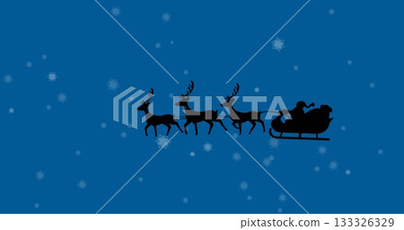 Gliding Santa Claus silhouette steering sleigh through winter night sky, with reindeer and gifts Gliding Santa Claus silhouette steering sleigh through winter night sky, with reindeer and gifts 133326329