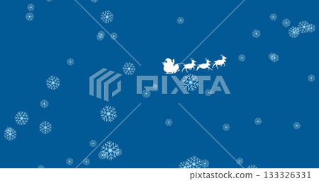 Flying white silhouette of Santa in sleigh across night sky, with three reindeer and snowflakes Flying white silhouette of Santa in sleigh across night sky, with three reindeer and snowflakes 133326331