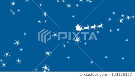 Gliding Santa silhouette wearing red suit across night sky, with sleigh and reindeer, copy space 133326337