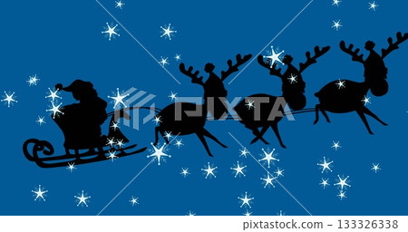 Gliding silhouette Santa Claus riding sleigh across star-studded sky, with three reindeer harnessed Gliding silhouette Santa Claus riding sleigh across star-studded sky, with three reindeer harnessed 133326338