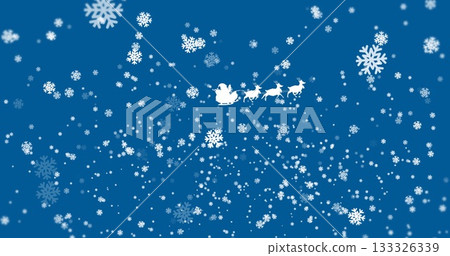 Flying Santa silhouette sleigh being pulled by four reindeer through blue sky, with falling snow Flying Santa silhouette sleigh being pulled by four reindeer through blue sky, with falling snow 133326339