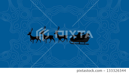 Riding Santa silhouette wearing Santa hat gliding over map backdrop, with sleigh and three reindeer 133326344