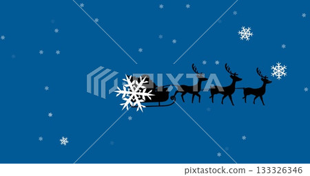 Soaring silhouette of Santa's sleigh and three reindeer across blue sky with white snowflake motifs Soaring silhouette of Santa's sleigh and three reindeer across blue sky with white snowflake motifs 133326346
