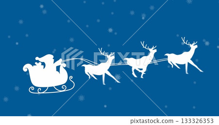 Gliding Santa silhouette delivering gifts against blue snowy sky, with sleigh and three reindeer Gliding Santa silhouette delivering gifts against blue snowy sky, with sleigh and three reindeer 133326353