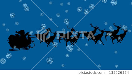 Flying Santa silhouette pulling eight reindeer across night sky, with sleigh, gift sacks Flying Santa silhouette pulling eight reindeer across night sky, with sleigh, gift sacks 133326354