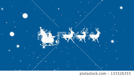 Gliding Santa Claus wearing suit and hat over night sky with sleigh Christmas tree and reindeer 133326355