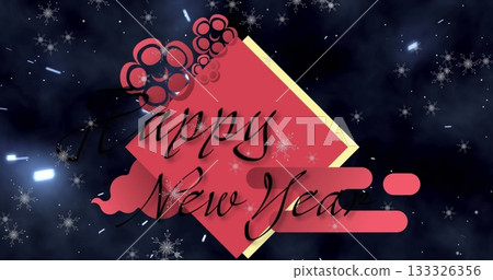 Showing red diamond overlaying Happy New Year on backdrop with yellow border, ribbon and snowflakes Showing red diamond overlaying Happy New Year on backdrop with yellow border, ribbon and snowflakes 133326356