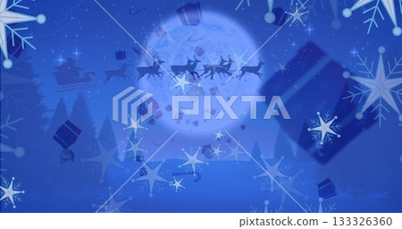 Gliding Santa Claus silhouette riding sleigh across winter night sky under full moon, with reindeer 133326360