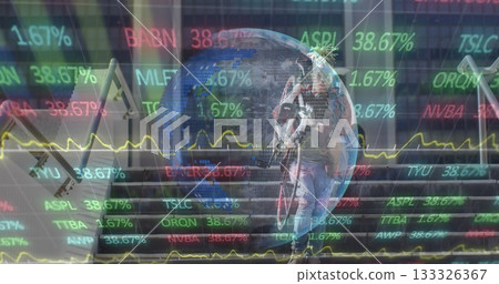 Climbing Black man carrying bicycle, messenger bag on concrete steps with metal rails, trading data Climbing Black man carrying bicycle, messenger bag on concrete steps with metal rails, trading data 133326367
