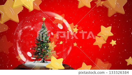 Displaying glass snow globe with evergreen tree on base, snowflake particles and golden star shapes Displaying glass snow globe with evergreen tree on base, snowflake particles and golden star shapes 133326384