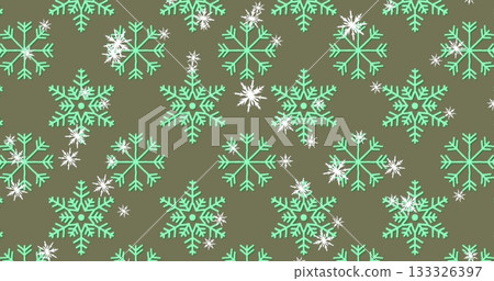 Displaying repeating mint green snowflake motifs and smaller white snowflakes on olive green fabric Displaying repeating mint green snowflake motifs and smaller white snowflakes on olive green fabric 133326397