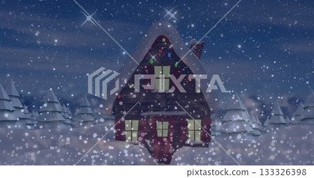Standing red cabin showing glowing windows and string lights in snowy pine clearing, falling snow 133326398