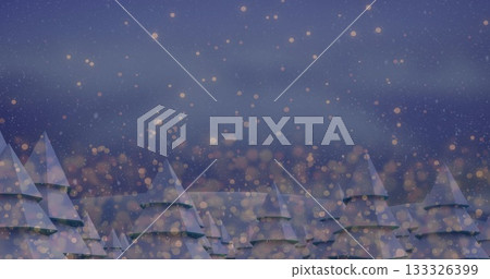 Shimmering triangular trees receding at snowy forest dusk, with falling snowflakes, golden lights Shimmering triangular trees receding at snowy forest dusk, with falling snowflakes, golden lights 133326399